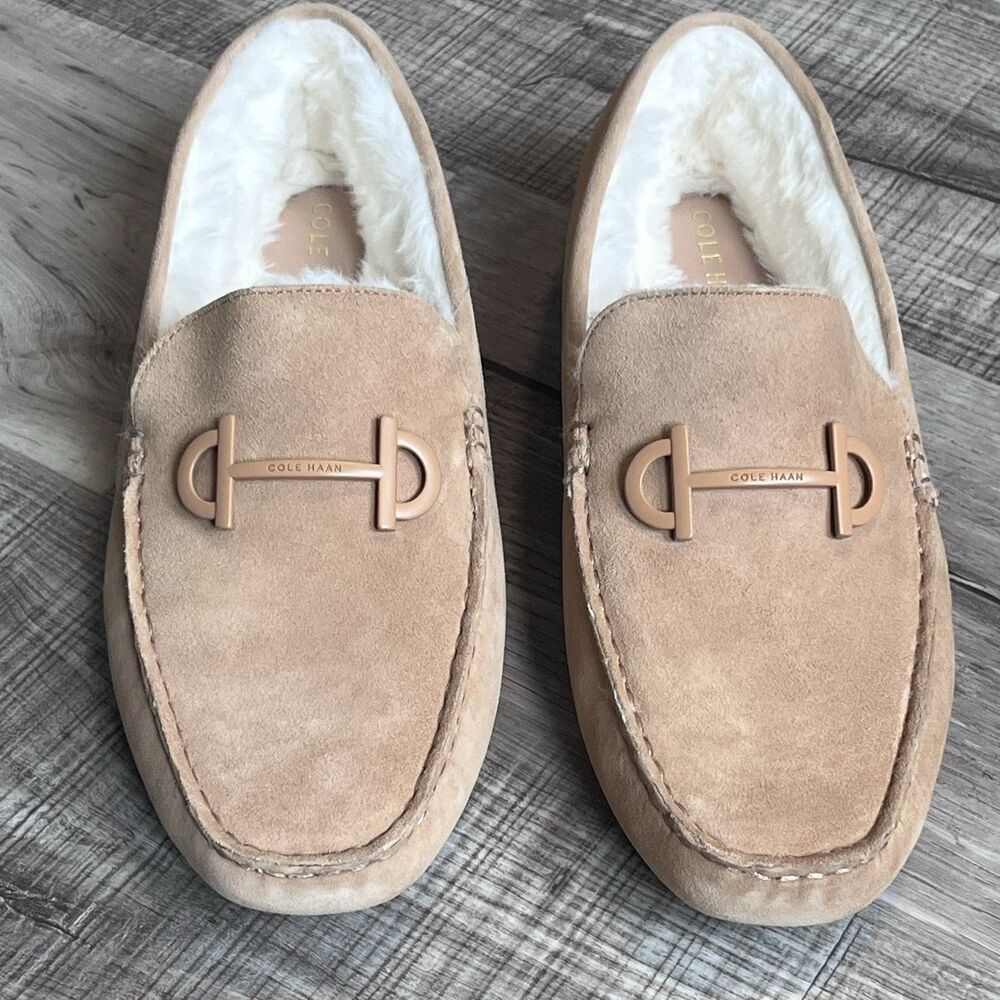 Cole Hann Tully Driver Loafers Womens 9.5B Blush Tan Suede Faux Shearling Lining